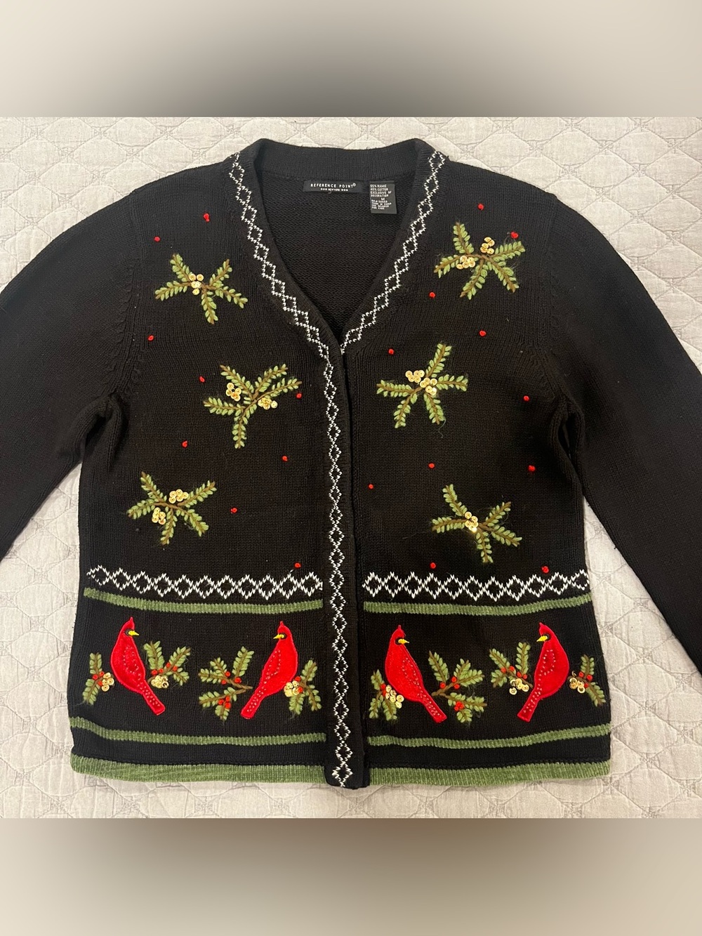 Vintage Black Embroidered Cardinal Holiday Sweater Cardigan Size Medium